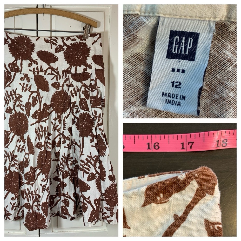 GAP Womens Brown Cream Floral Sunflower 100% Linen A-Line Midi Skirt Size 12